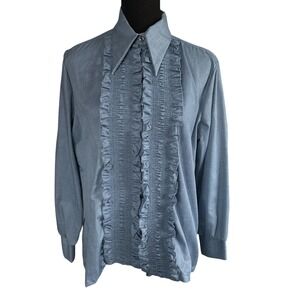 Vintage Ship N'Shore Blue Tuxedo Ruffle Pointed Collar Blouse, Large, Retro 70s